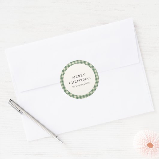 Rustic Green Gingham Modern Kerstmis Ronde Sticker (Envelop)