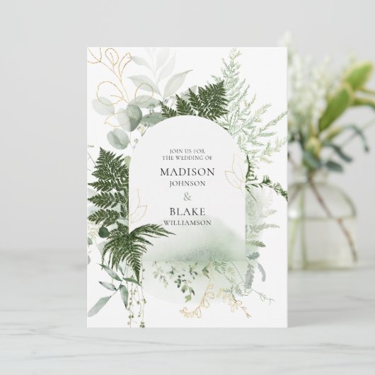 Rustic Green Gold Fern Wedding Kaart (Staand voorkant)