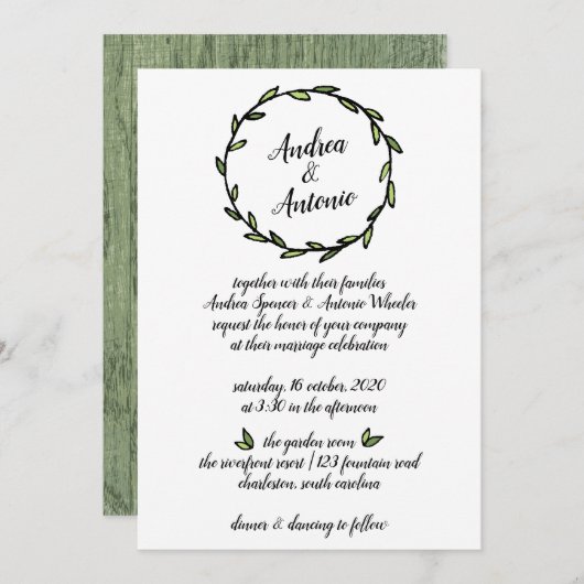 Rustic Green Leafy Wreath Wedding Kaart (Voorkant / Achterkant)