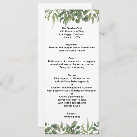 Rustic Green Leaves Greenery Foliage Wedding Menu (Voorkant / Achterkant)
