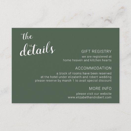 Rustic Green Minimalist Script Calligraphy Wedding Informatiekaartje (Voorkant)