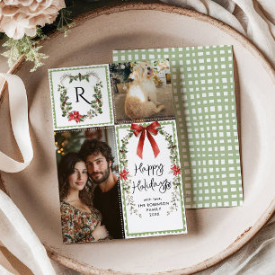Rustic Green Monogram Bow Merry Christmas 2 Foto Feestdagenkaart
