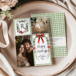 Rustic Green Monogram Vrolijk Kerstfeest 2 Foto Feestdagenkaart