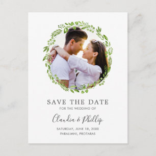 Rustic Green Olive Leaf Wreatfoto Save the Date Aankondigingskaart