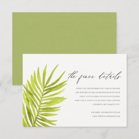 RUSTIC GREEN PALM LEAF FOLIAGE WEDDING DETAIL KAART (Voorkant / Achterkant)