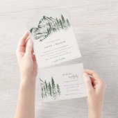 Rustic Green Pine Bossen Mountain Sketch Wedding All In One Uitnodiging (Afscheurbaar)