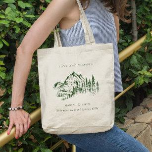 Rustic Green Pine Bossen Mountain Sketch Wedding Tote Bag