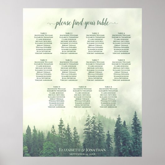 Rustic Green Pine Trees 11 Table Seating Chart Poster (Voorkant)