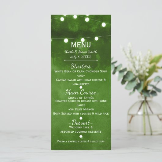 Rustic Green String Lights Elegant Wedding Menu (Staand voorkant)