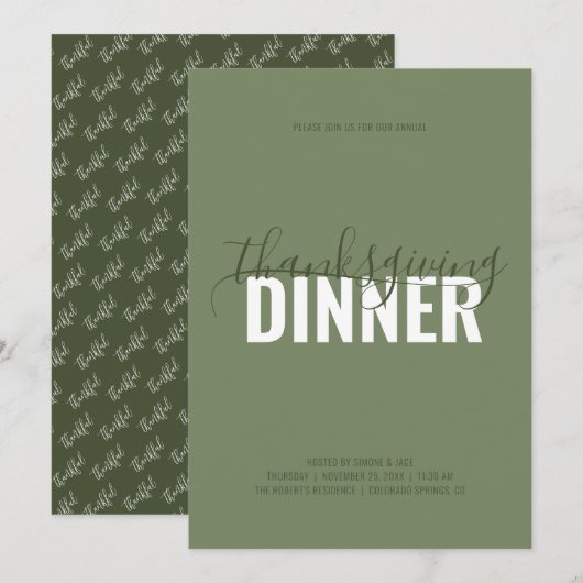Rustic Green Thanksgiving Dinner Party Invitation Kaart (Voorkant / Achterkant)