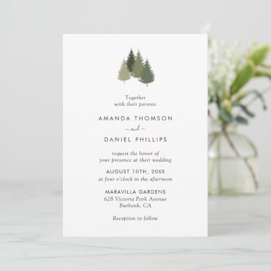 Rustic Green Tree Forest Wedding Invitations Kaart (Staand voorkant)