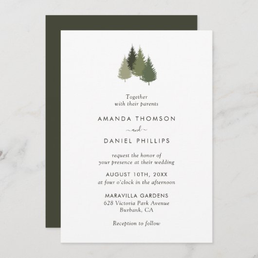 Rustic Green Tree Forest Wedding Invitations Kaart (Voorkant / Achterkant)