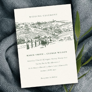 Rustic Green Winery Mountain Sketch Wedding Invite Bedankkaart
