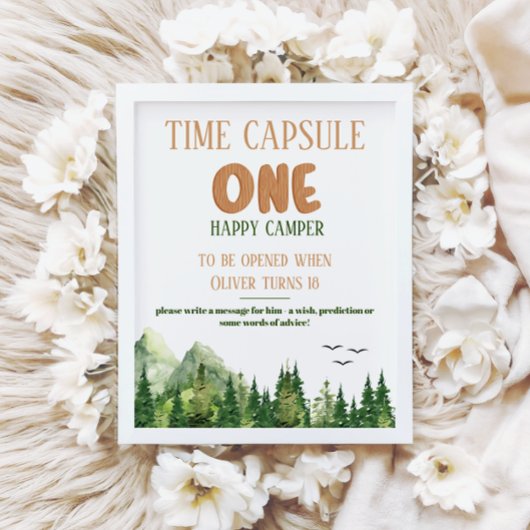 Rustic Green Woodland Time Capsule First Birthday Poster