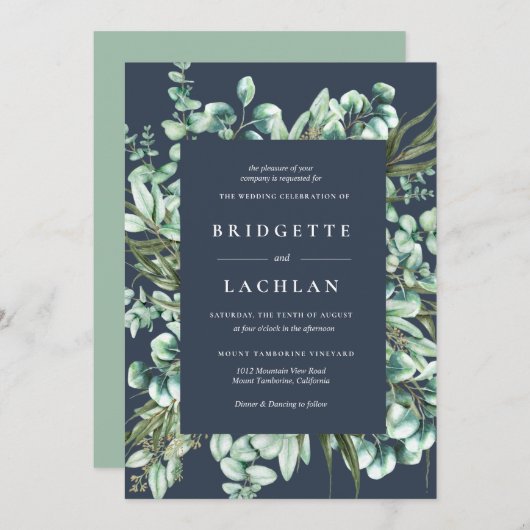 Rustic Greenery and Navy Eucalyptus Wedding Kaart (Voorkant / Achterkant)