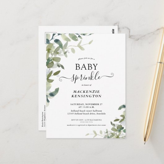 Rustic Greenery Baby Sprinkle Invitation Briefkaart (Voorkant / Achterkant in situ)