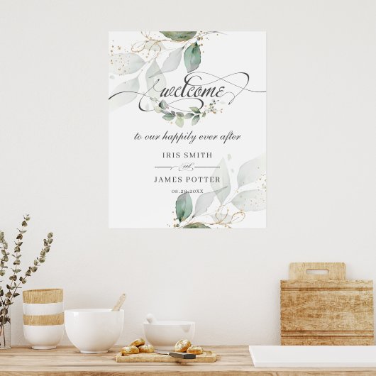 Rustic Greenery Bladeren Gouden Trouw Welkom Bord Poster (Keuken)