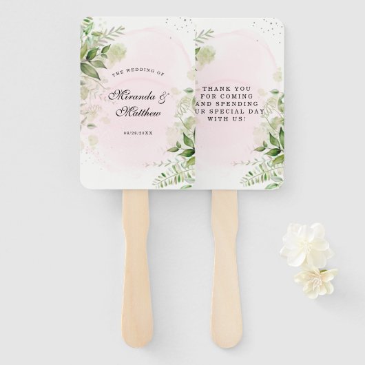 Rustic Greenery Blush Pink Weddenschap Handwaaier (Voorkant en achterkant)