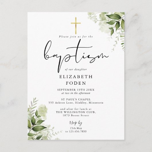 Rustic Greenery Chic Monogram Baptism Uitnodiging (Voorkant)