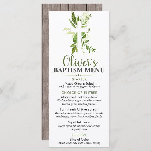 Rustic Greenery Cross Boy Baptism Custom Event Menu (Voorkant / Achterkant)