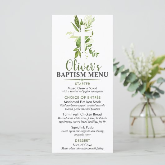 Rustic Greenery Cross Boy Baptism Custom Event Menu (Staand voorkant)