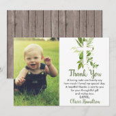 Rustic Greenery Cross Boy Baptism Foto Bedankkaart (Voorkant / Achterkant)