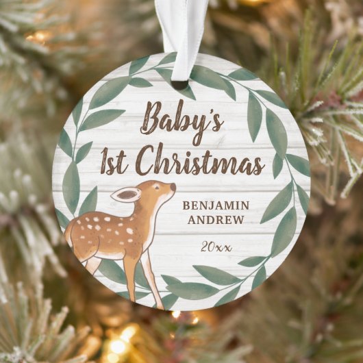 Rustic Greenery Deer Baby's eerste kerstfoto Ornament (Boom)
