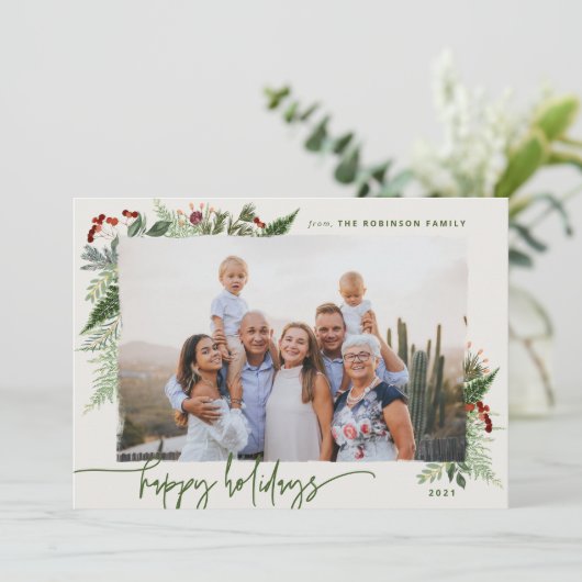 Rustic Greenery Earthy Beige Green Dry Brush Foto Feestdagenkaart (Staand voorkant)