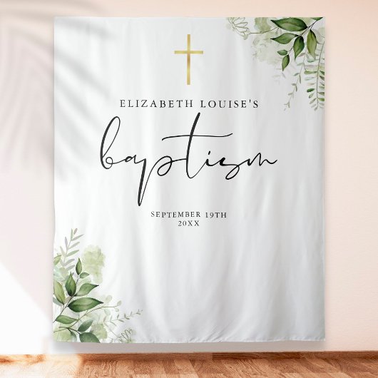 Rustic Greenery Elegant Baptism Fotoachtergrond Wandkleed