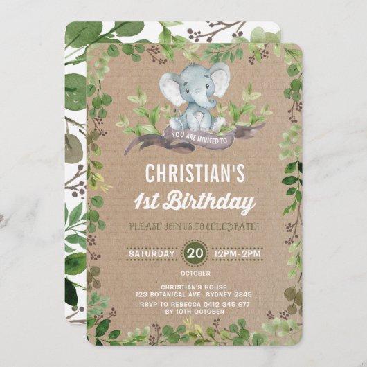 Rustic Greenery Elephant 1st Birthday Uitnodiging (Voorkant / Achterkant)
