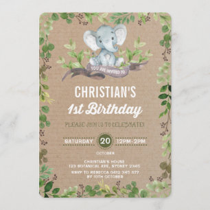 Rustic Greenery Elephant 1st Birthday Uitnodiging