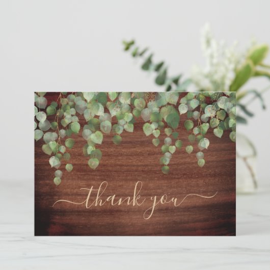 Rustic Greenery Eucalyptus Gold Script Weddenschap Bedankkaart (Staand voorkant)