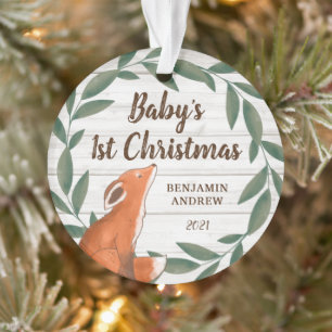 Rustic Greenery Fox Baby's eerste kerstfoto Ornament