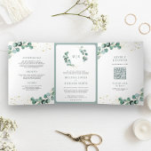 Rustic Greenery Gold Eucalyptus QR Code Weddenscha Drieluik Uitnodiging