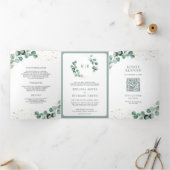 Rustic Greenery Gold Eucalyptus QR Code Weddenscha Drieluik Uitnodiging (Binnen)