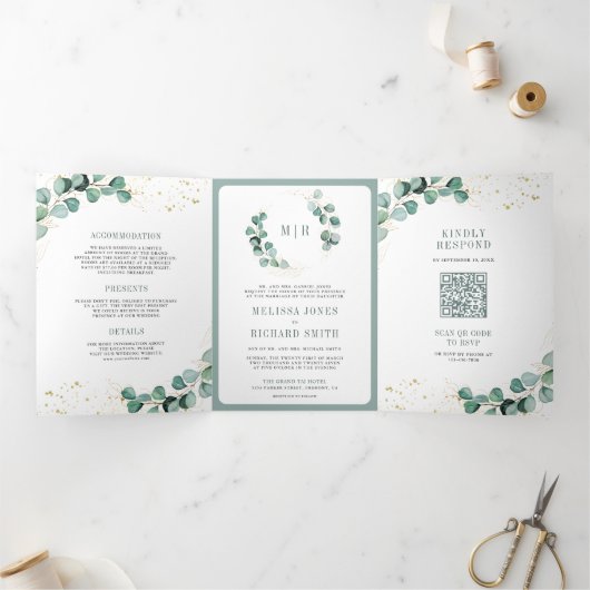 Rustic Greenery Gold Eucalyptus QR Code Weddenscha Drieluik Uitnodiging (Binnen)