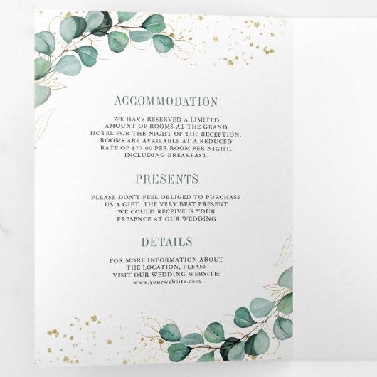 Rustic Greenery Gold Eucalyptus QR Code Weddenscha Drieluik Uitnodiging (Binnenzijde eerst)