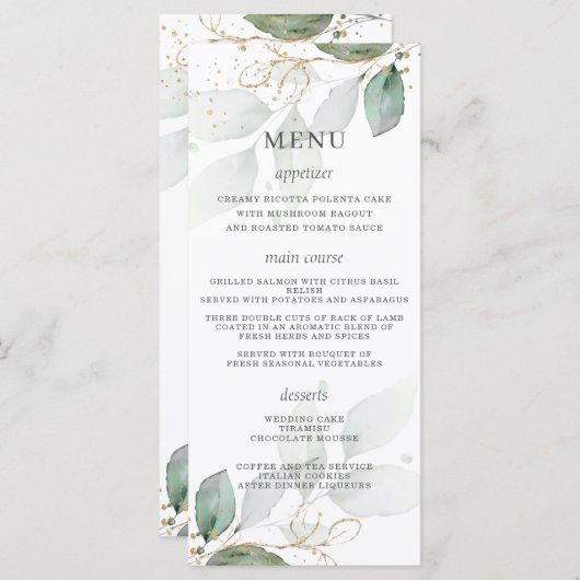 Rustic Greenery Gold Feuille Menu Mariage (Devant / Derrière)