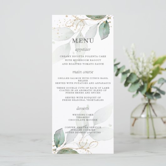 Rustic Greenery Gold Feuille Menu Mariage (Debout devant)