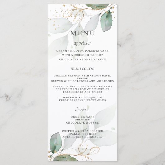 Rustic Greenery Gold Feuille Menu Mariage (Devant)