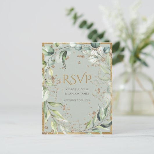 Rustic Greenery Gold Glitter Wedding RSVP Briefkaart (Staand voorkant)