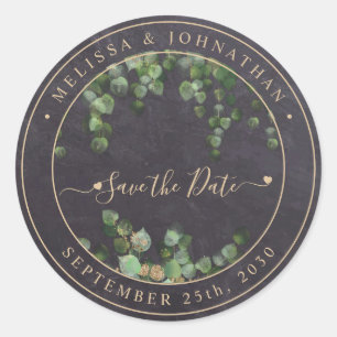 Rustic Greenery Gold Wedding Save the Date Ronde Sticker