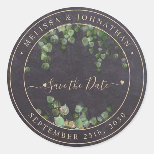 Rustic Greenery Gold Wedding Save the Date Ronde Sticker (Voorkant)