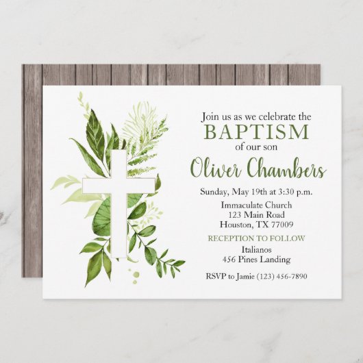 Rustic Greenery Green Cross Boy Baptisme Kaart (Voorkant / Achterkant)