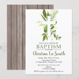 Rustic Greenery Green Cross Boy Baptisme Kaart