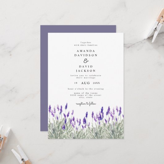 Rustic Greenery Lavender Lila Garden Wedding Kaart (Voorkant / Achterkant in situ)