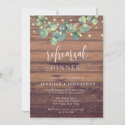 Rustic Greenery Lights Rehearsal Dinner Invitation Kaart (Voorkant)