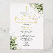 Rustic Greenery Monogram First Heilige Communie Folie Uitnodiging (Voorkant)