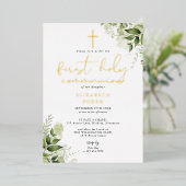 Rustic Greenery Monogram First Heilige Communie Folie Uitnodiging (Staand Voorkant)