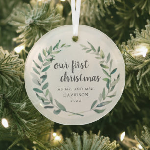 Rustic Greenery Pas getrouwd Ons eerste kerstfeest Glas Ornament